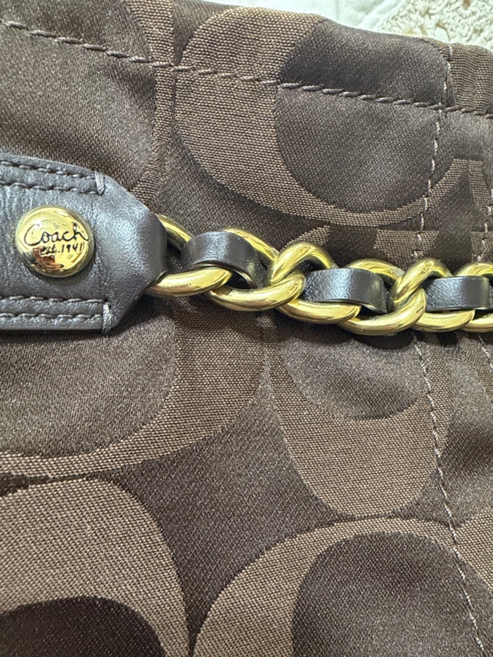 Coach Chocolate Brown Signature Sateen Leather Shoulder/Crossbody GoldTone Chain - Picture 4 of 15